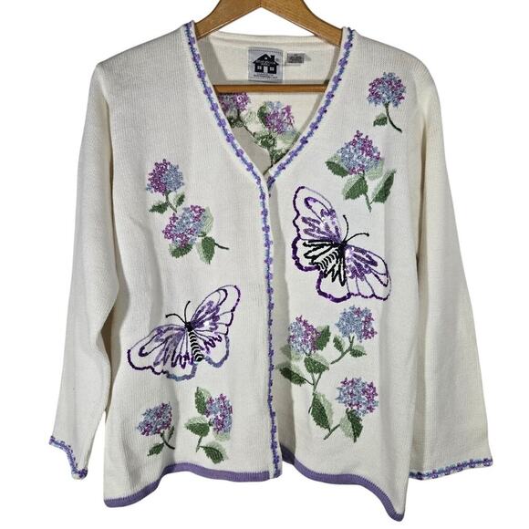 VTG Storybook Knits Novelty Butterfly Floral Beaded Embroidered Cardigan 2X Boho - Picture 1 of 11